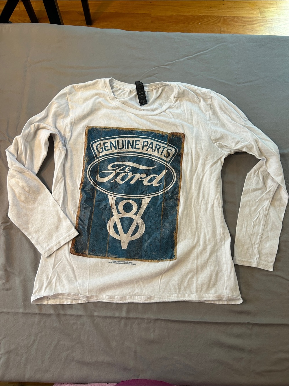 Ford White Long-Sleeve Tee with Blue Vintage 'Genuine Parts' Anvil medium
